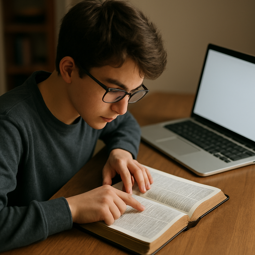 student reading the bible with computer nearby-1