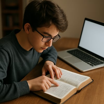 student reading the bible with computer nearby-1