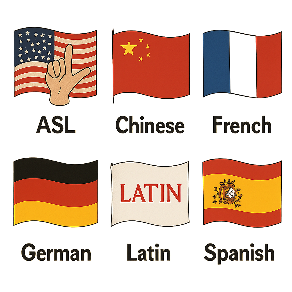 flags of something representing American Sign Language Chinese French German Latin Spanish